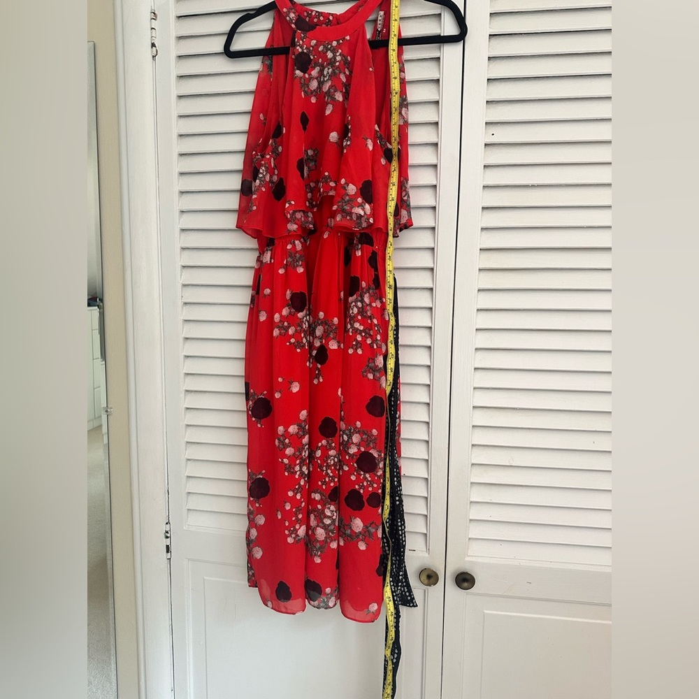 Anthropologie Red Orange Floral Halter Neck Dress, Size Medium